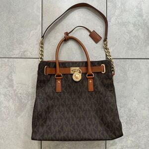 Michael Kors Hamilton Large Logo MK Signature Brown Gold Lock Bag Handbag